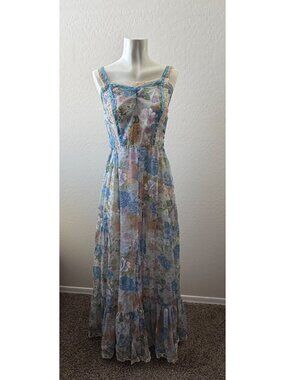 Vintage Blue sheer Blue Floral Maxi Dress sz S - B939